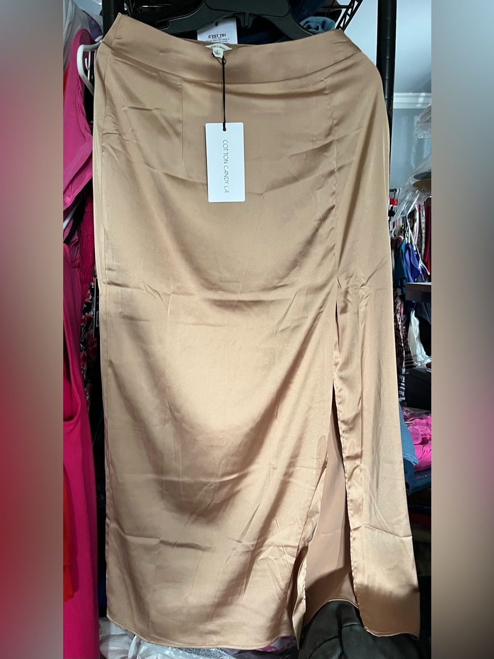 Cotton Candy Tan Satin Maxi Skirt with Side Slit